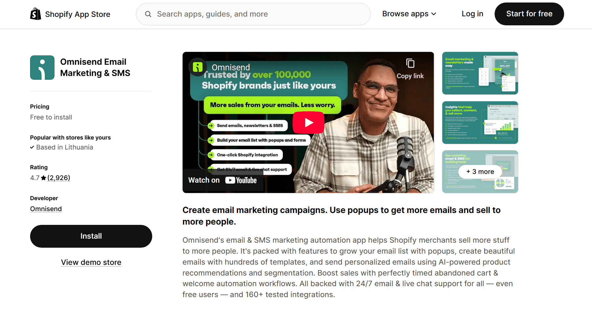 Best email marketing for Shopify: Screenshot of the Omnisend Email Marketing & SMS app page on the Shopify App Store, featuring app details, a promo video thumbnail with a smiling man wearing glasses, and an Install button on the left.