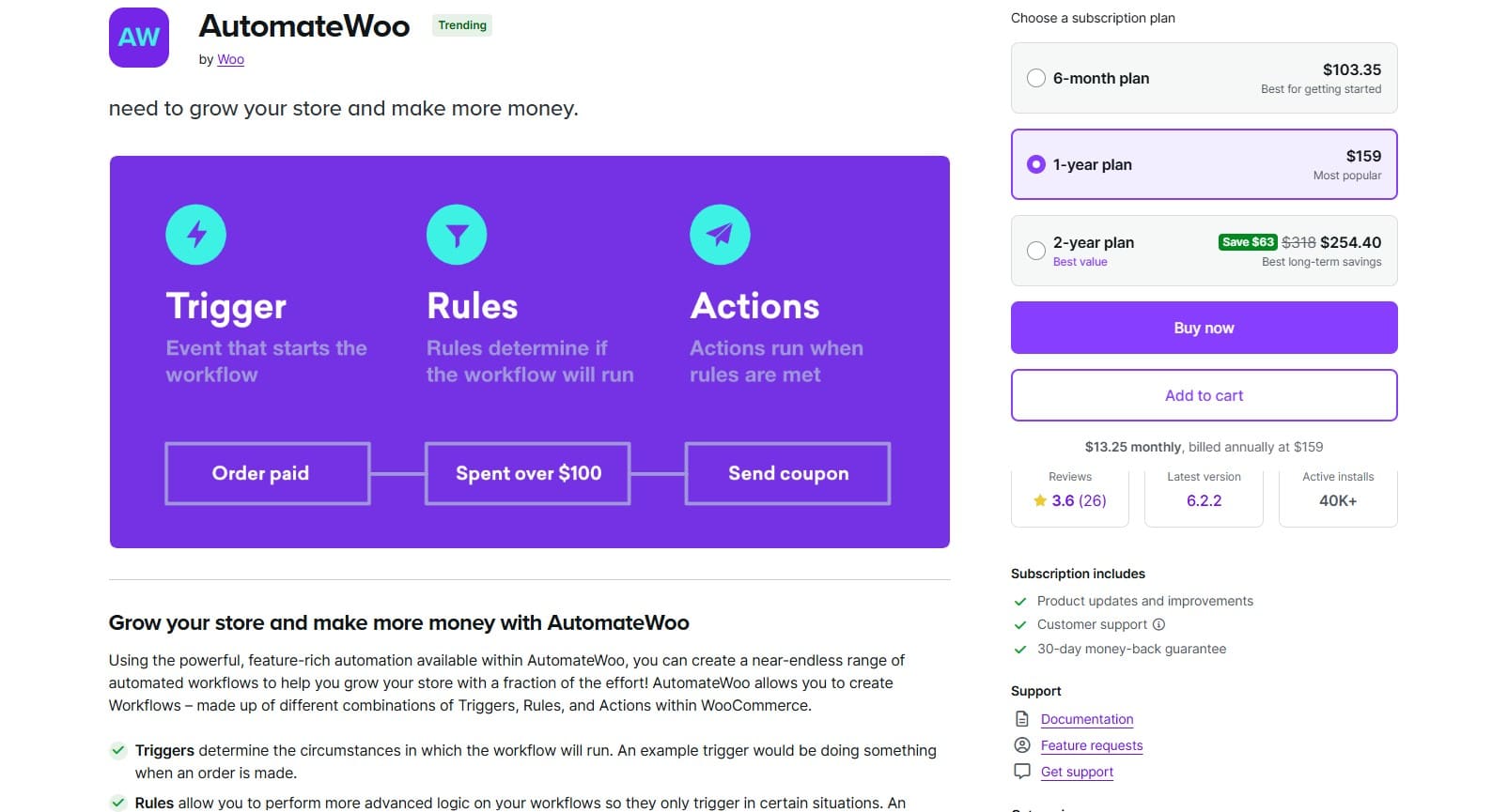 WooCommerce email marketing plugins: A product page for AutomateWoo shows pricing plans, a workflow diagram with Trigger, Rules, and Actions, and a description explaining how AutomateWoo automates tasks for WooCommerce stores. The Add to cart button is visible.
