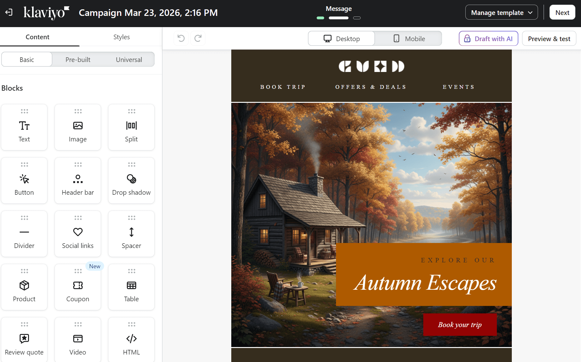 MailerLite vs Klaviyo: A Klaviyo email editor screen displays a travel promotion. The email features a cozy cabin surrounded by autumn trees, with a banner reading “Explore Our Autumn Escapes” and a red “Book your trip” button.