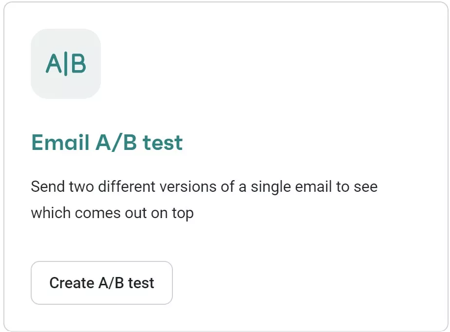 Omnisend vs Klaviyo: A card with A|B icon, headline Email A/B test, and text: Send two different versions of a single email to see which comes out on top. A button below reads Create A/B test.