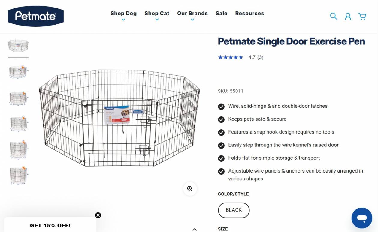 Dropshipping pet products: Screenshot of a product page for the Petmate Single Door Exercise Pen. The metal pen is octagonal with a secure door. Features and details are listed on the right, and product images are shown on the left side.