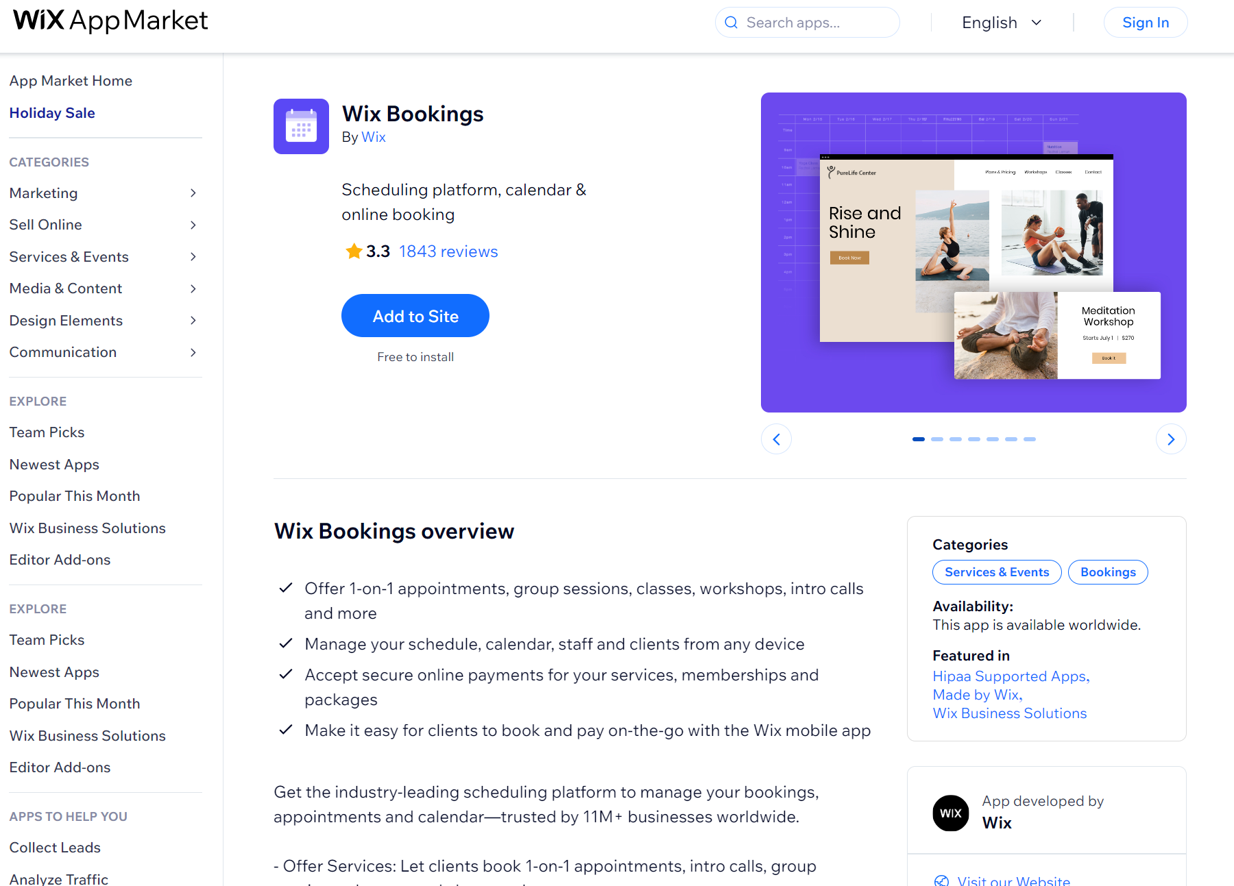 Wix apps: Wix Bookings app page