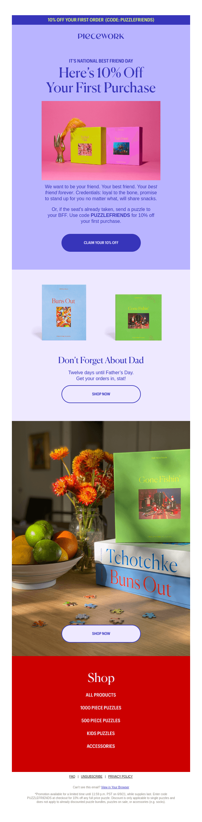 Thank you email templates: A promotional email from BICOWORK offers 10% off a first purchase, highlights suggestions for Father’s Day gifts, and displays colorful boxes with flowers and books on a table beside fruit and candy.