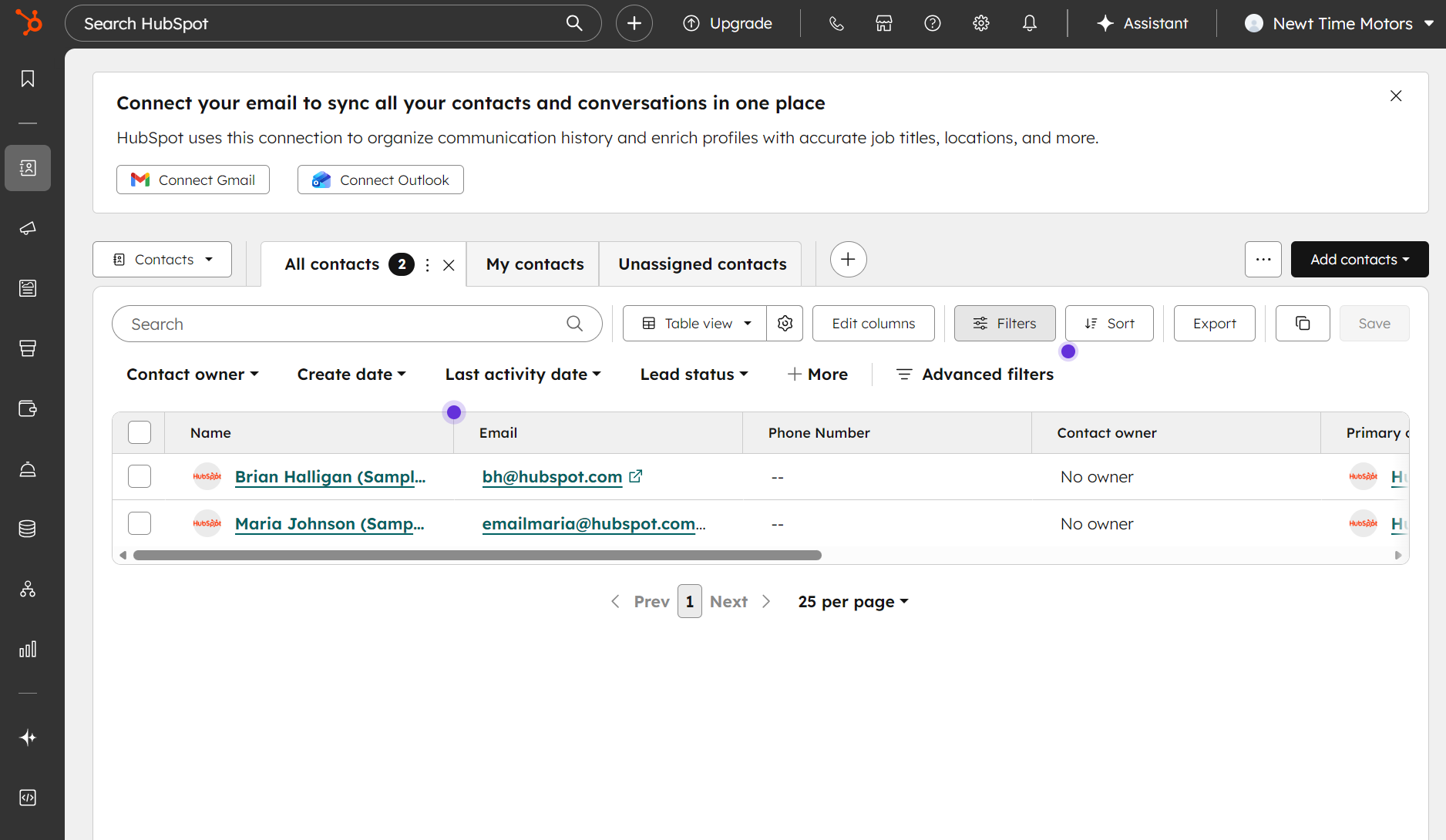 Mailchimp alternatives: Screenshot of a HubSpot contacts dashboard showing two contacts with names, emails, phone numbers, lead statuses, and activity dates. Options to add or filter contacts, export data, and connect Outlook are visible.