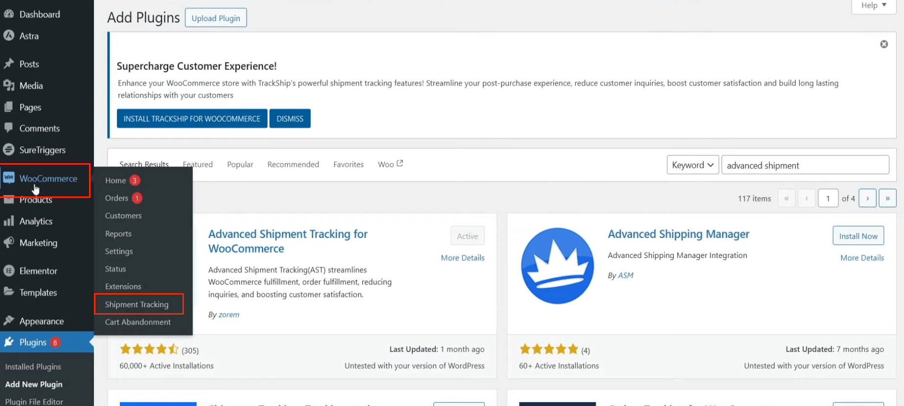 WooCommerce shipment tracking: Screenshot of the WordPress admin dashboard showing the Add Plugins page. The WooCommerce menu is expanded, and Cart Abandonment and Shipment Tracking are highlighted. Shipment tracking plugins are displayed.