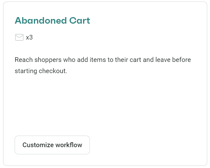 Email automation: A card titled Abandoned Cart with a mail icon and x3. Text explains reaching shoppers who leave items in their cart before checking out. At the bottom is a Customize workflow button.