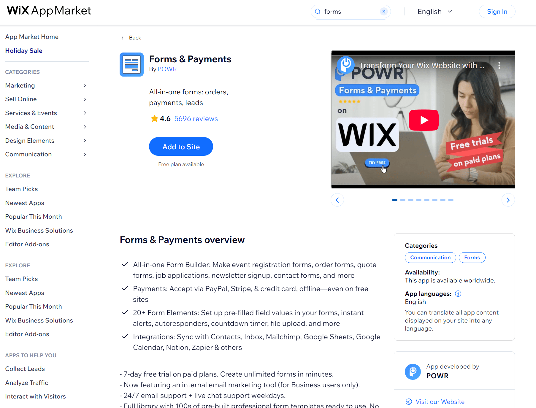 Wix apps: Forms & Payments app page