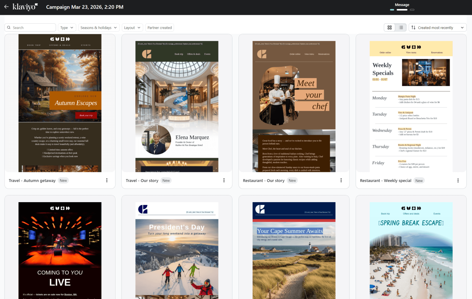 MailerLite vs Klaviyo: Screenshot of an email campaign dashboard displaying various email templates, including themes like Autumn escapes, hotel promotions, weekly specials, holiday greetings, and travel offers.