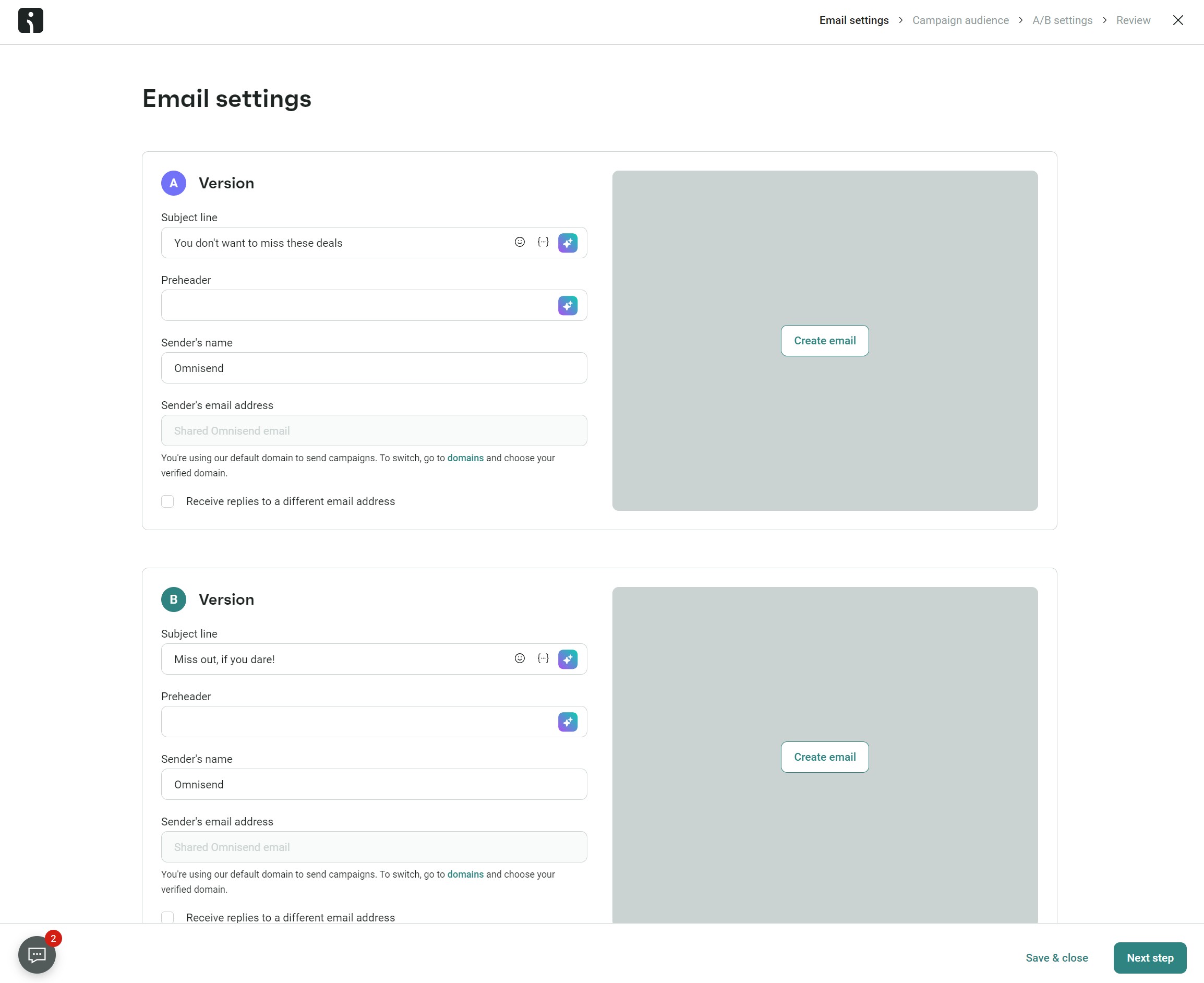 Omnisend vs Klaviyo: Screenshot of an Email settings page showing two email versions to customize, each with fields for subject line, preview text, sender’s name and email, and a gray box labeled Create email. Navigation buttons are at the bottom.