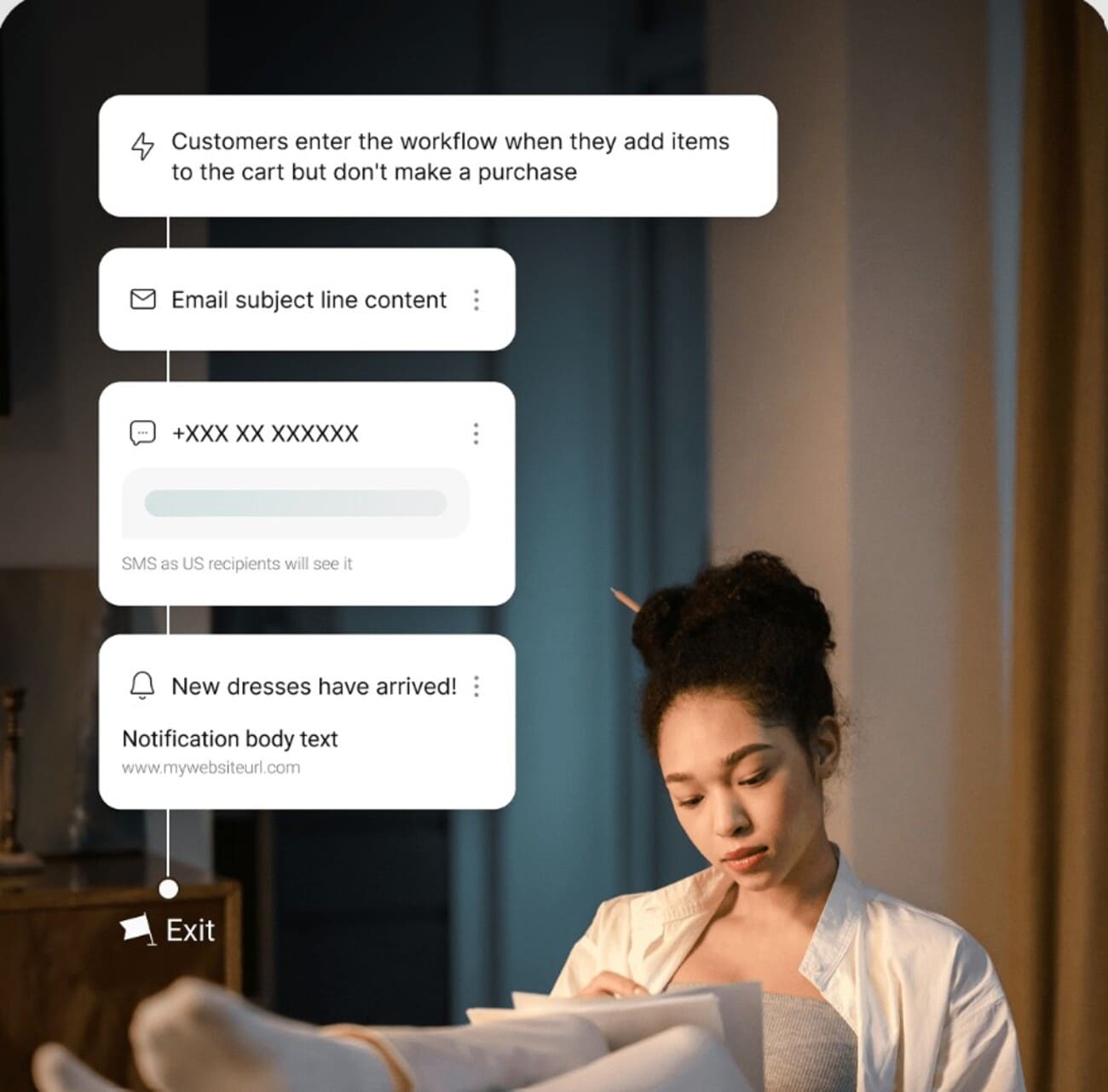 Dropshipping pet products: A young woman sits reading papers at a desk, while digital pop-up notifications about email subject lines, SMS, and shopping workflow appear in the foreground, illustrating multitasking with digital marketing tools.