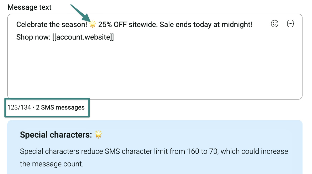 Shopify SMS: Screenshot of a text message editor showing a promotional SMS: Celebrate the season! ✨ 25% OFF sitewide. Sale ends today at midnight! Shop now: [account.website]. Below, it notes 123/134 · 2 SMS messages.