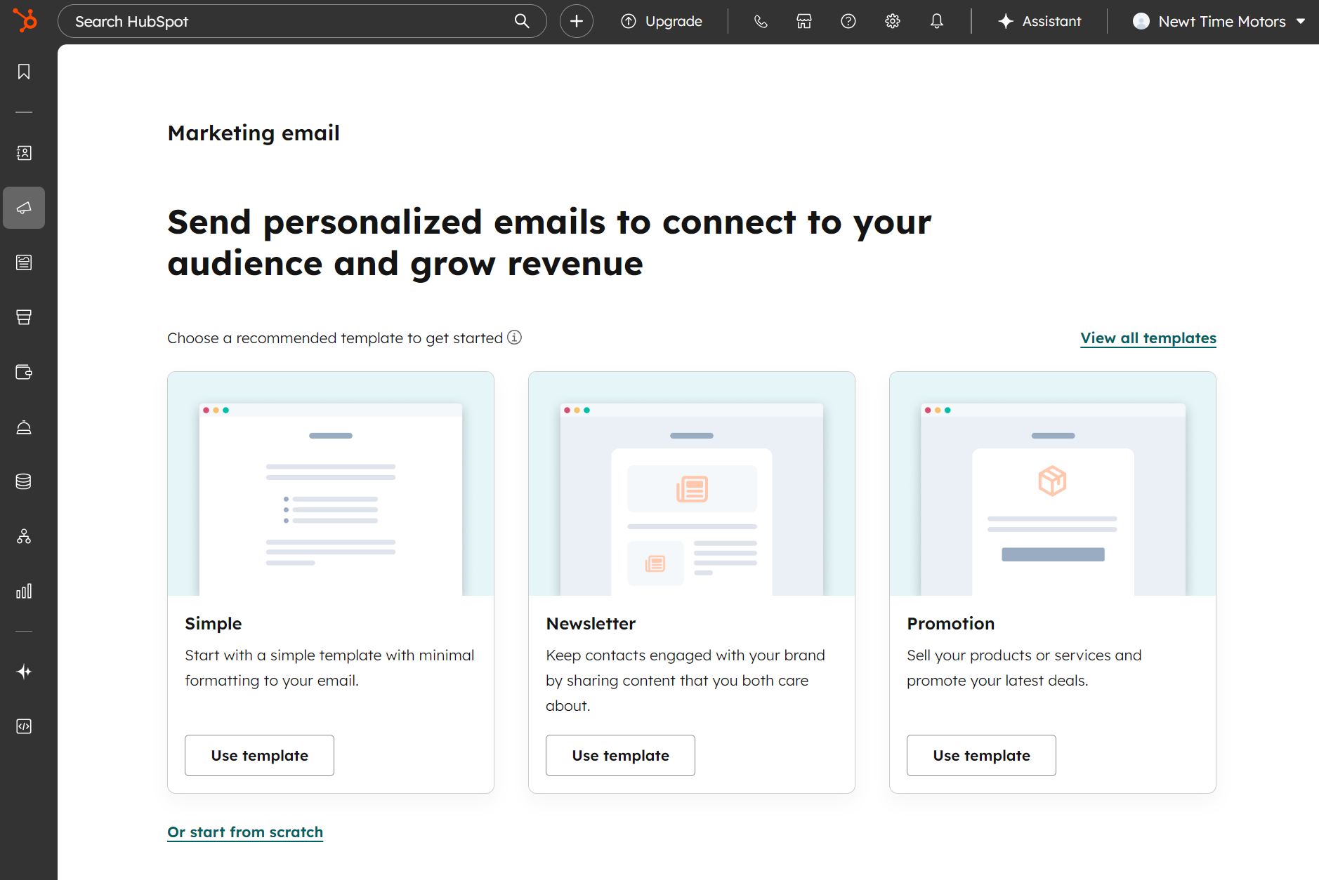 Mailchimp alternatives: Screenshot of HubSpots marketing email page displaying three email template options: Simple, Newsletter, and Promotion, each with icons and “Use template” buttons beneath their descriptions.