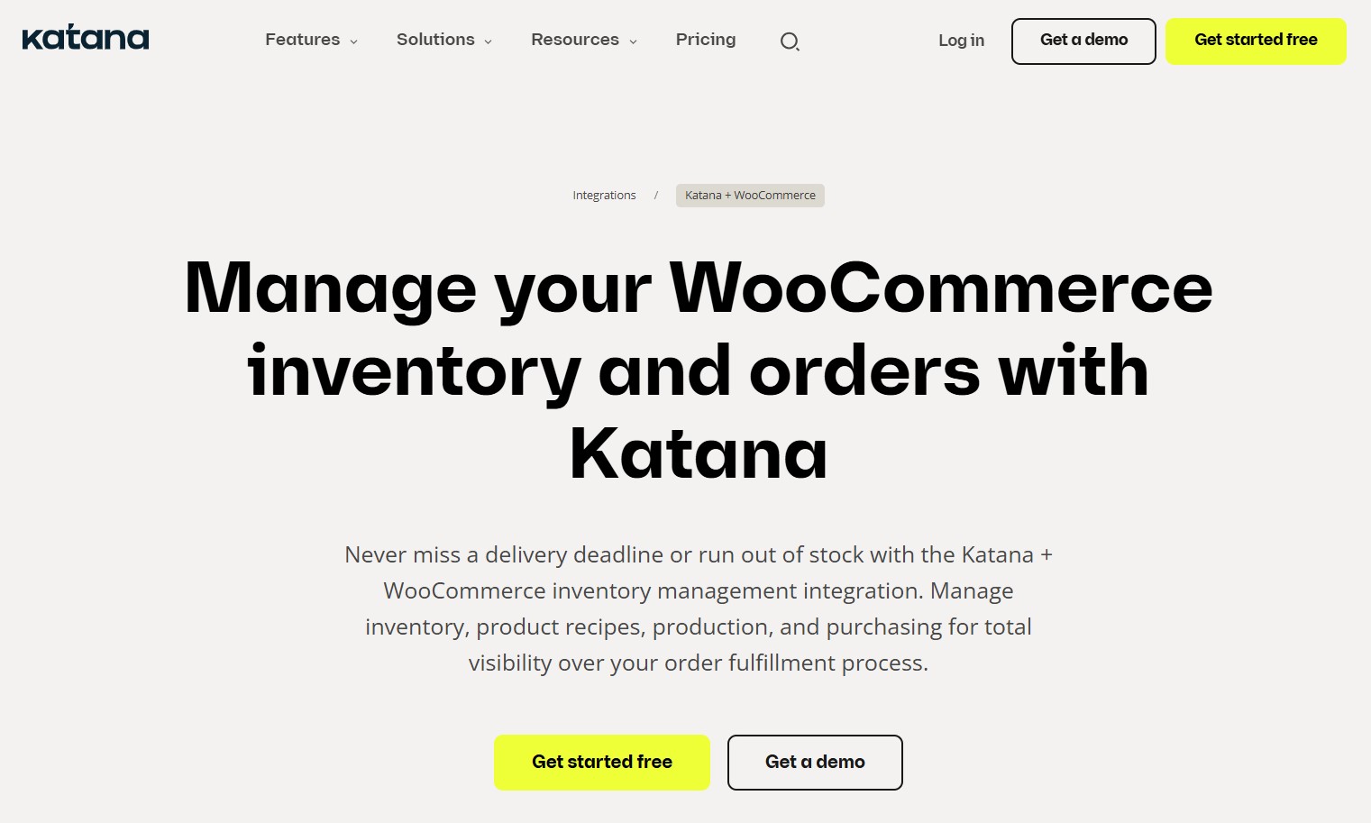 WooCommerce inventory management: A website page from Katana promoting its WooCommerce inventory and order management integration, with bold headline text and yellow Get started free and white Get a demo buttons.