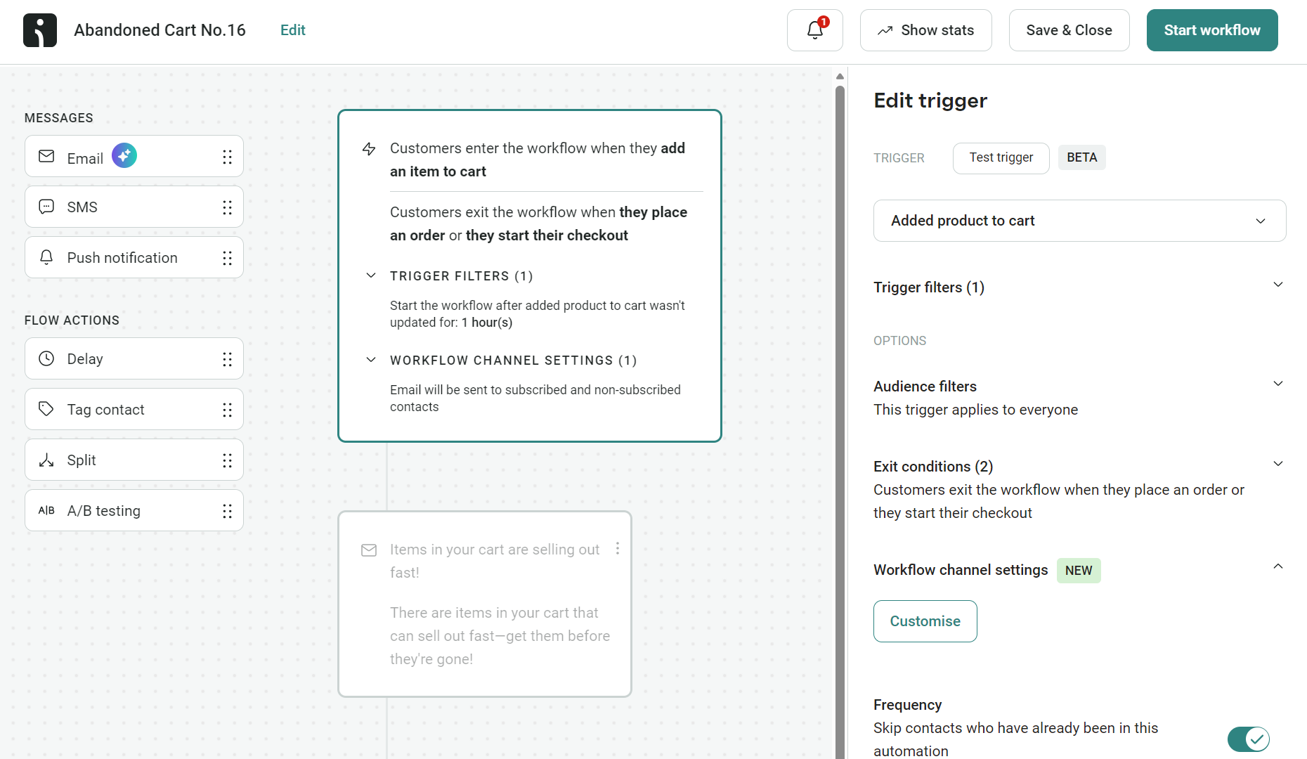 Email automation: A workflow setup screen for an abandoned cart automation. The main panel shows triggers and steps for sending emails when a cart is abandoned. The right panel displays editable trigger settings and audience filters.