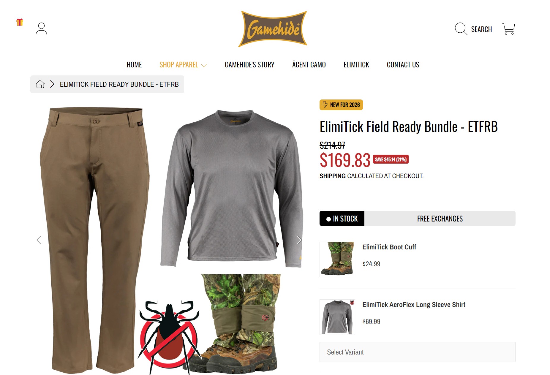 Best Shopify themes: Screenshot of an online shopping page showing a khaki pants and gray long sleeve shirt bundle for $169.83, labeled ElimiTick Field Ready Bundle. Includes images of boots, a tick icon, and item details.