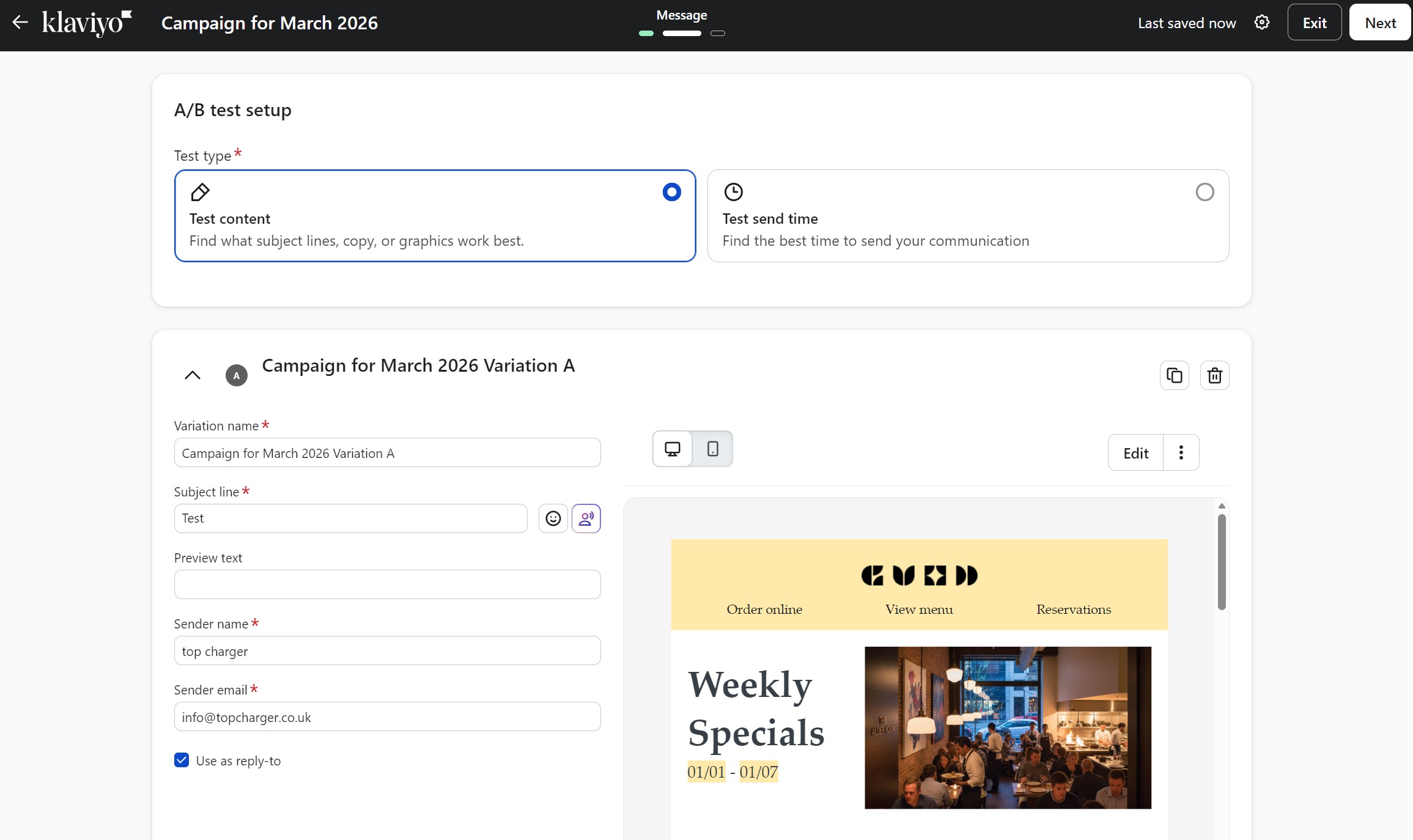 Omnisend vs Klaviyo: Screenshot of the Klaviyo email campaign editor showing A/B test setup options and an email draft titled Campaign for March 2026 Variation A with fields for subject, sender name, and a preview of a promotional email.