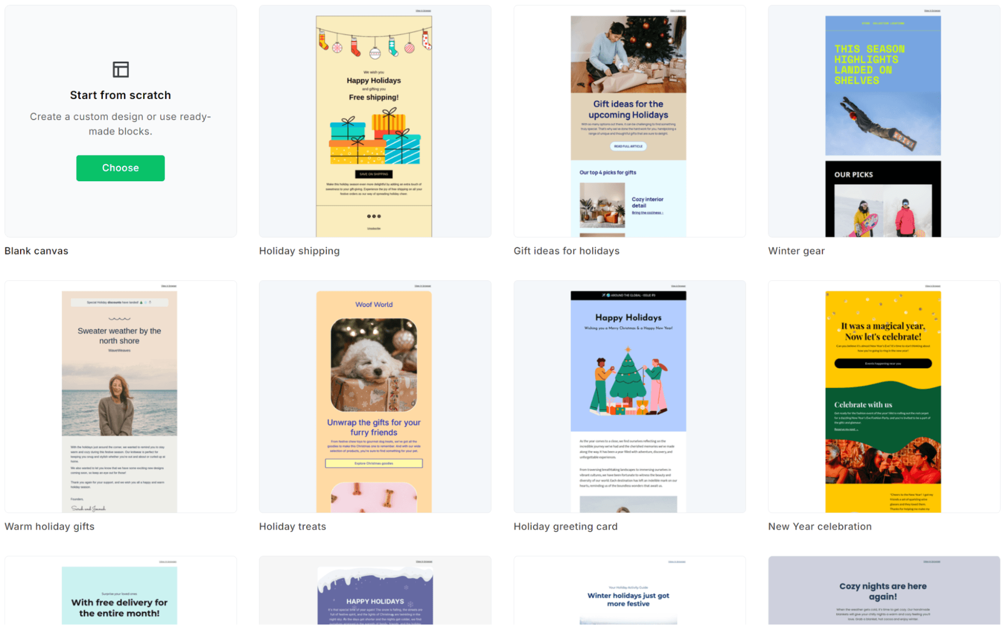 MailerLite vs Klaviyo: A screenshot of an online design platform showing various holiday-themed email templates, including options for shipping, gift ideas, winter gear, treats, greeting cards, New Year’s celebration, and a blank canvas to start from scratch.