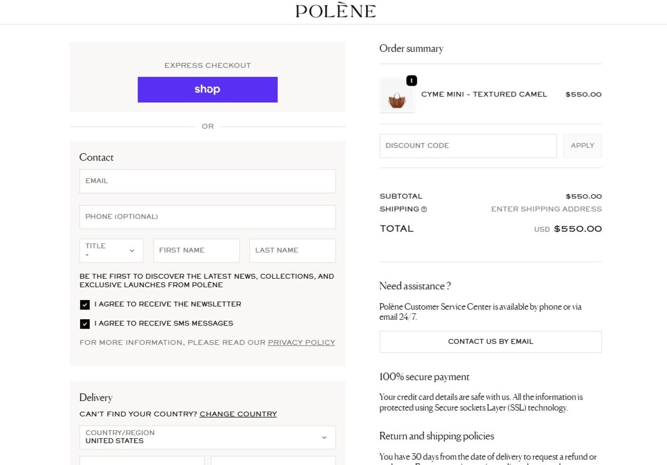 Shopify checkout: Screenshot of an online checkout page for Polène, showing options to enter contact and delivery information, a summary of an order for a Cyme Mini - Textured Camel bag priced at $550, and payment and assistance details.