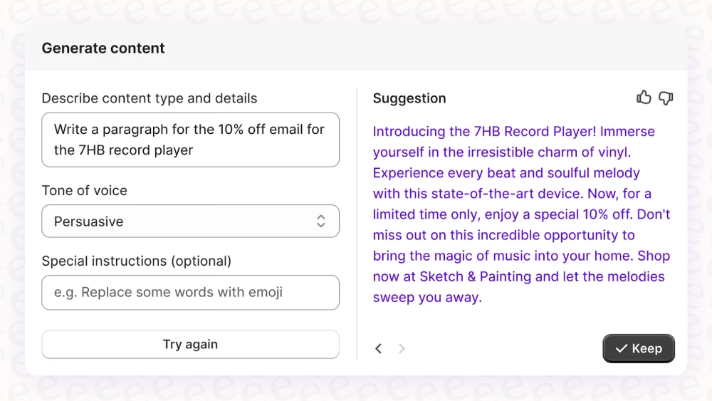Omnisend vs. Shopify: A digital interface shows a content generator with input fields for content type, tone of voice, and special instructions. On the right, a suggestion box displays marketing text promoting a 10% off email for the 7HB Record Player.