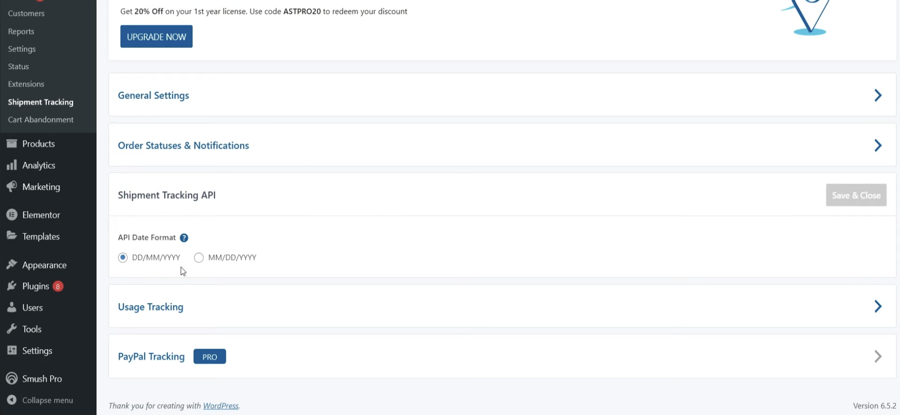 WooCommerce shipment tracking: A software settings page displays options for general settings, order statuses, shipment tracking API with an API date format set to DD-MM-YYYY, usage tracking, and PayPal tracking integration.