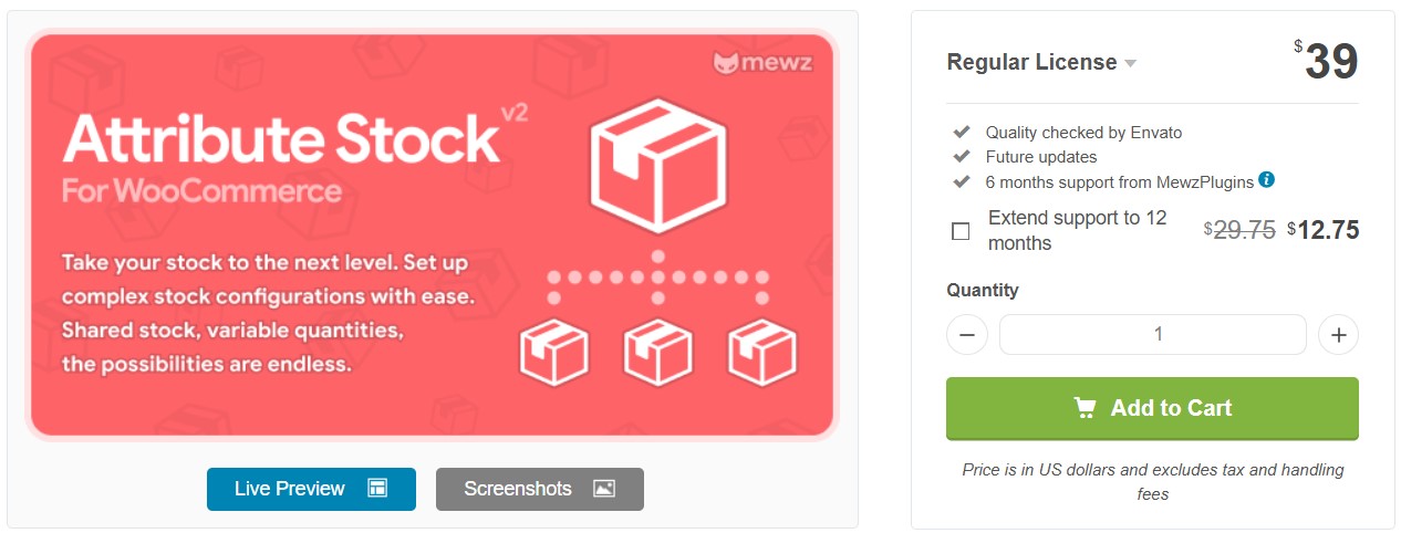 WooCommerce inventory management: Screenshot of a product page for Attribute Stock for WooCommerce by mewz, priced at $39. Includes product features, support options, a green Add to Cart button, and icons for live preview and screenshots.