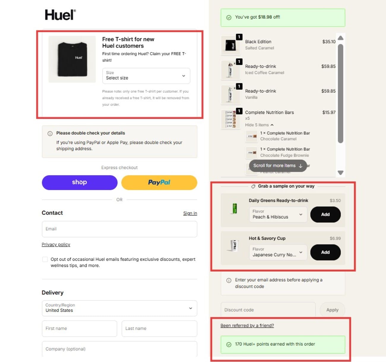 Shopify checkout: A Huel online order checkout page shows a free T-shirt offer, payment options, order summary with selected products, free sample choices, a referral credit, and a list of country, delivery, and discount code fields.