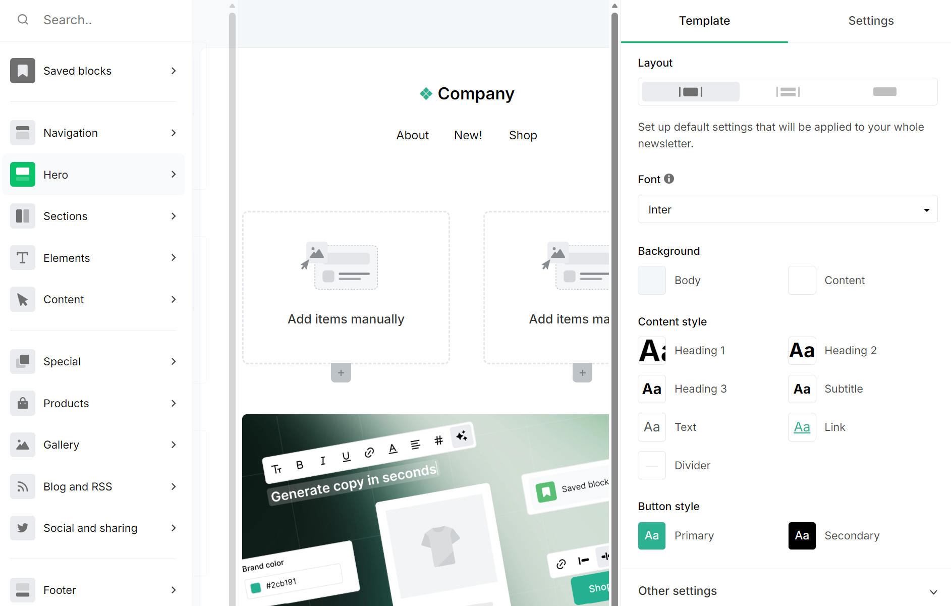 MailerLite vs Klaviyo: A website or email builder interface showing navigation on the left, a preview of a company template in the center, and template customization options on the right, including layout, font, background, and content style.