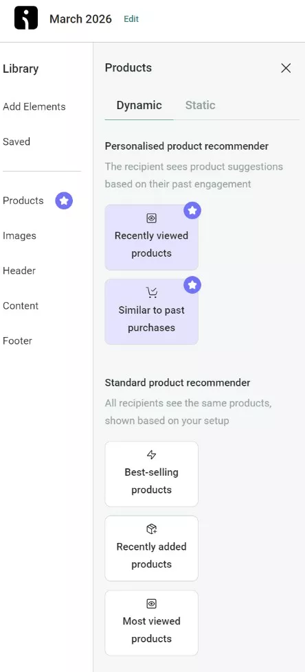 Omnisend vs Klaviyo: A sidebar menu highlights the “Products” section. The main panel shows dynamic product recommendation options: Recently viewed products and Similar to past purchases, plus standard options like best-selling and new products.