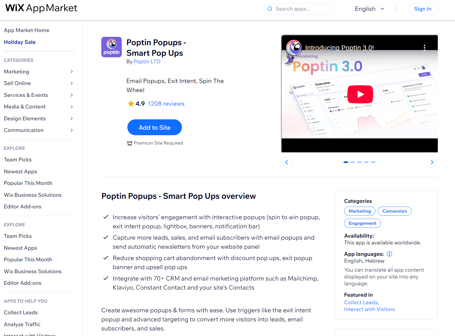 Wix apps: Poptin Popups app page