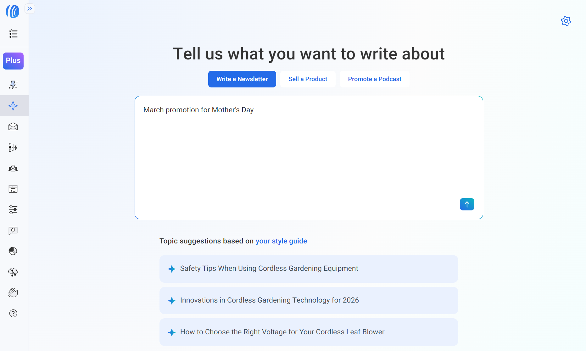 Mailchimp alternatives: A webpage with a prompt asking, Tell us what you want to write about. The user has typed March promotion for Mothers Day. Below are suggested topics about cordless gardening equipment and products.