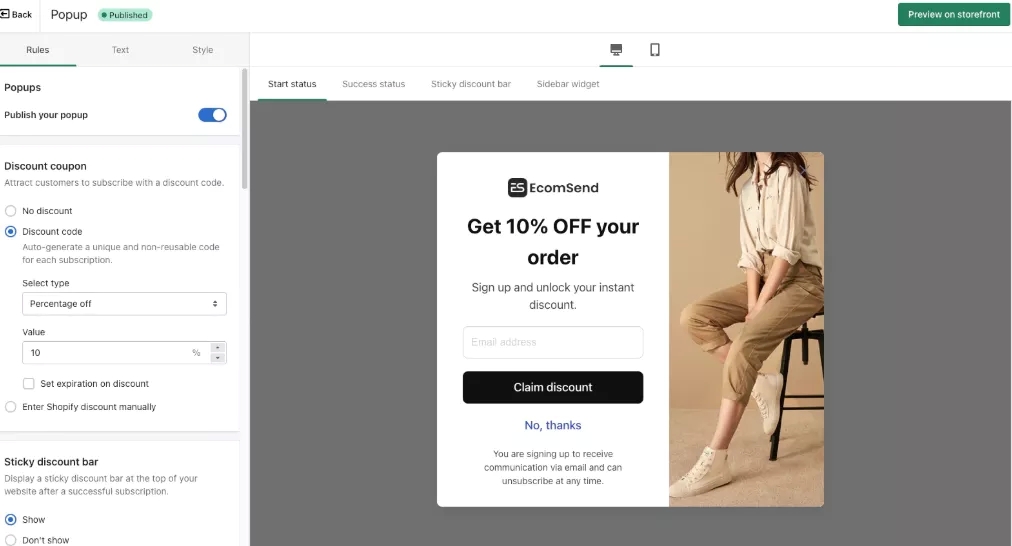 Omnisend vs. Shopify: A website interface shows a popup editor with a preview of a discount offer: Get 10% OFF your order for email signup. Popup settings and customization options are visible on the left sidebar.