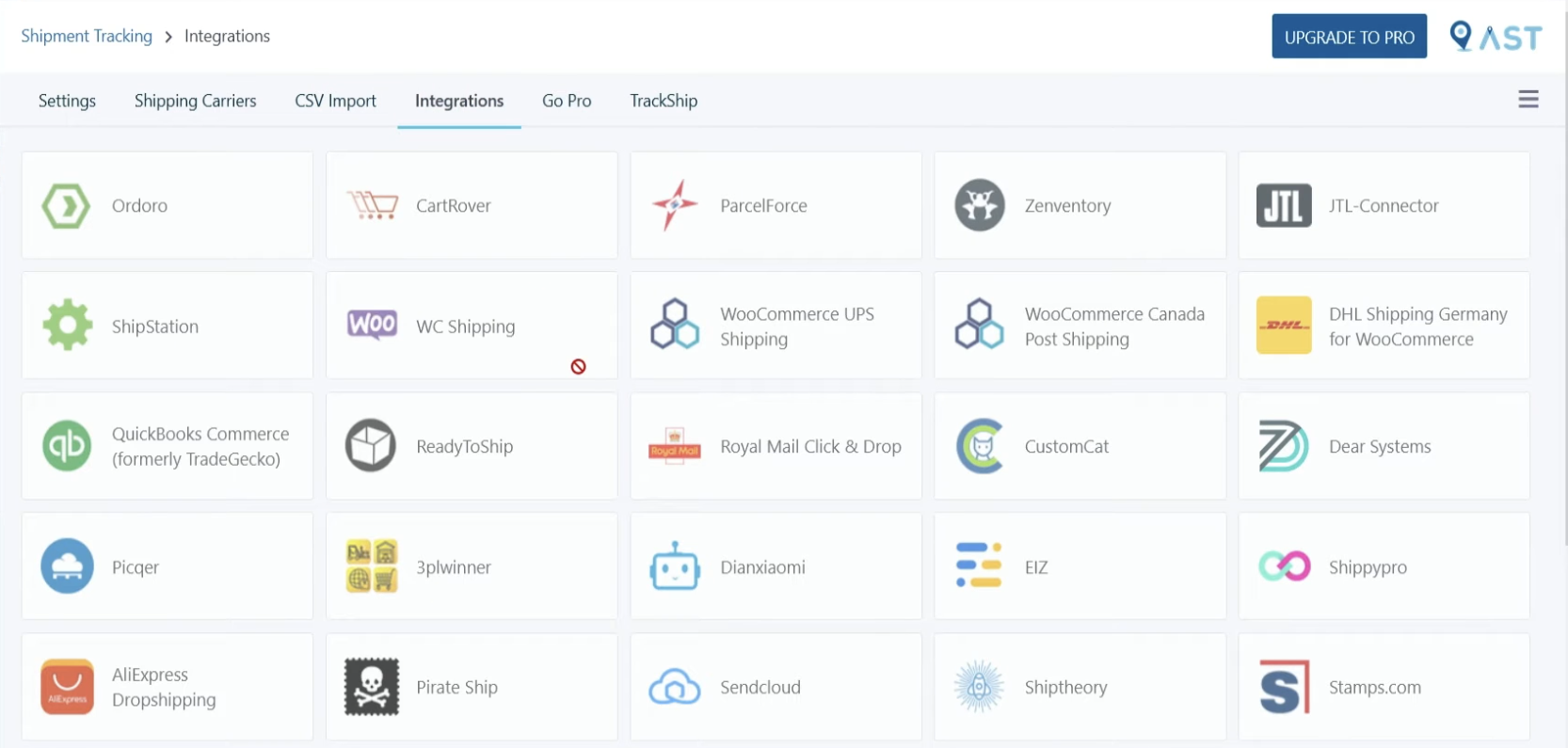 WooCommerce shipment tracking: A dashboard displays integration options for shipping and e-commerce platforms, including Ordoro, ShipStation, WooCommerce, Stamps.com, and others, each represented by icons and names in a grid layout.