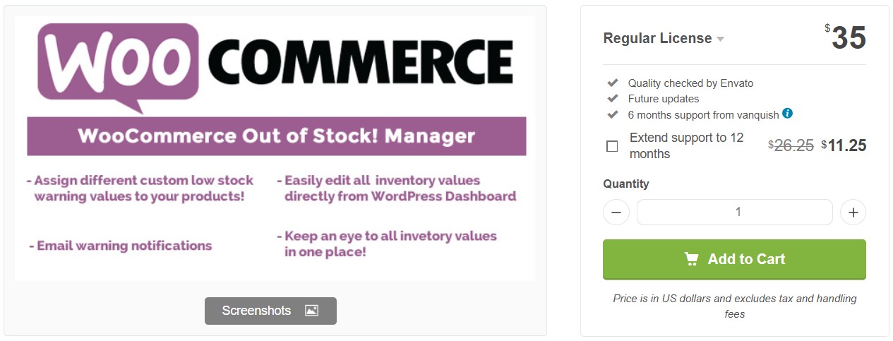 WooCommerce inventory management: Screenshot of a WooCommerce Out of Stock! Manager plugin listing, priced at $35. Features include custom stock warnings, email notifications, and easy inventory edits. An “Add to Cart” button and support extension option are visible.