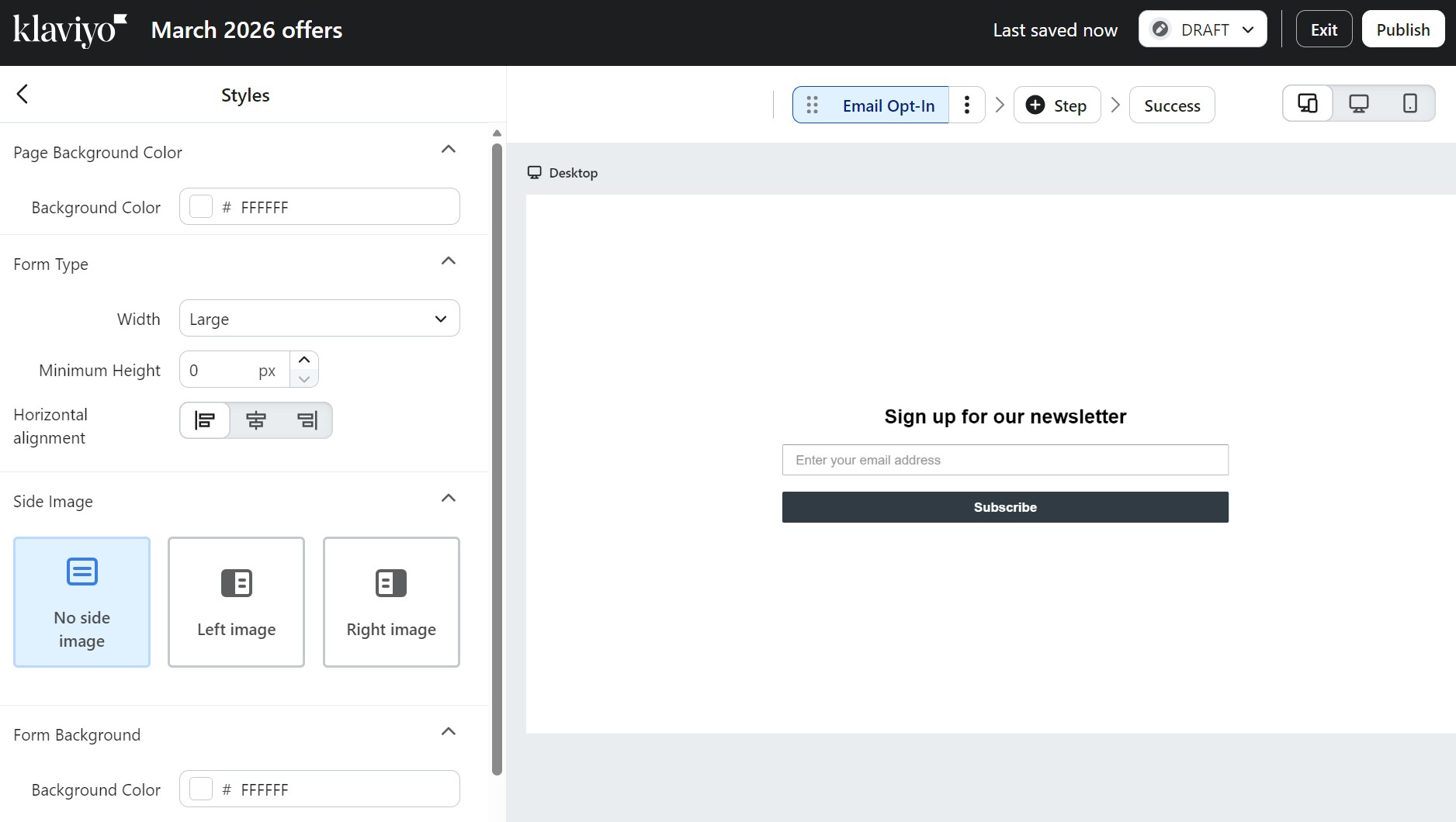 Omnisend vs Klaviyo: Screenshot of a Klaviyo email signup form editor. The screen shows customization options on the left and a preview of a Sign up for our newsletter form with an email input and Subscribe button on the right.