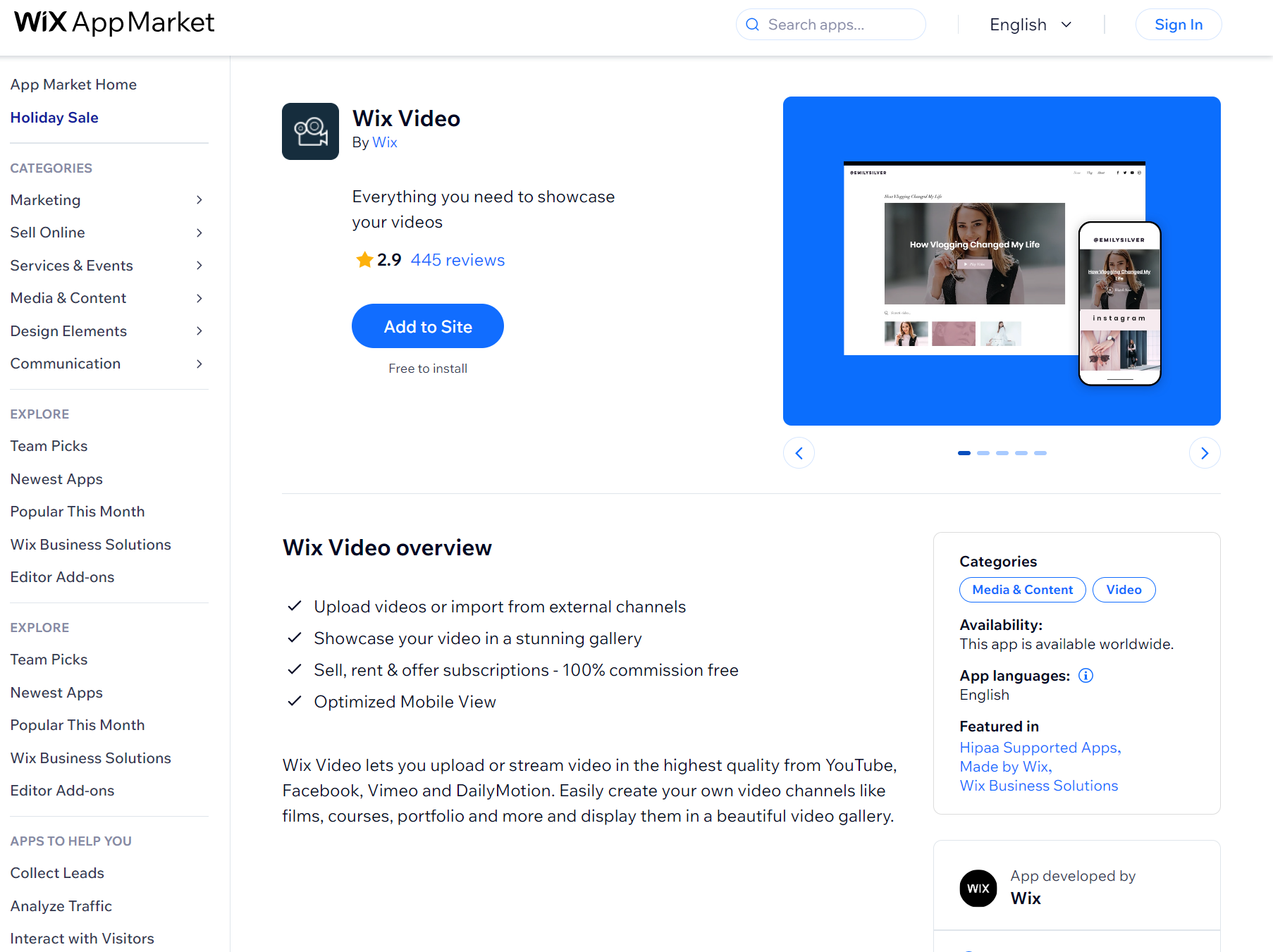Wix apps: Wix Video app page