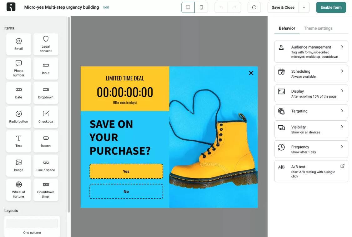 Omnisend vs. Shopify: A website builder interface shows an urgency popup with a countdown timer, a blue background, a yellow boot, a heart shape cutout, and text: Save on your purchase? Yes / No. Various editing options appear on the sides.