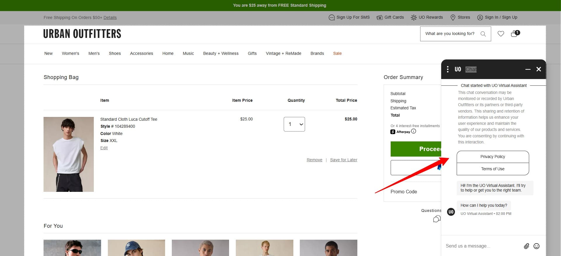 Shopify checkout: Urban Outfitters online shopping bag page showing a white T-shirt in the cart, “Proceed” button highlighted, and a pop-up window with privacy policy and terms of use links on the right. A red arrow points to “Terms of Use.”.