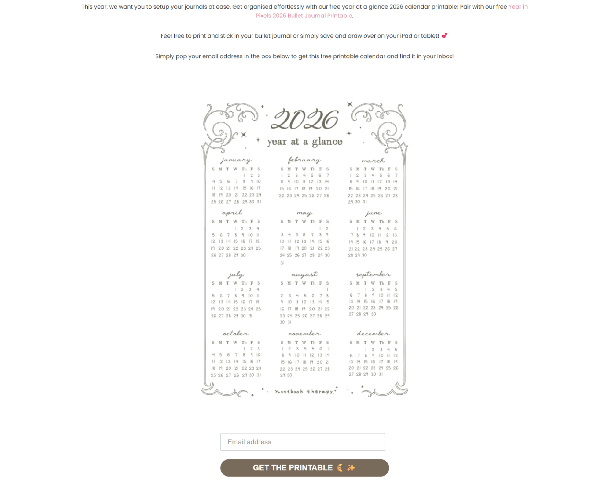 Dropshipping marketing strategies: A decorative 2026 year at a glance printable calendar with ornate borders and all twelve months shown in a grid. Above, instructions invite users to enter their email to receive the calendar. A Get the Printable button is below.
