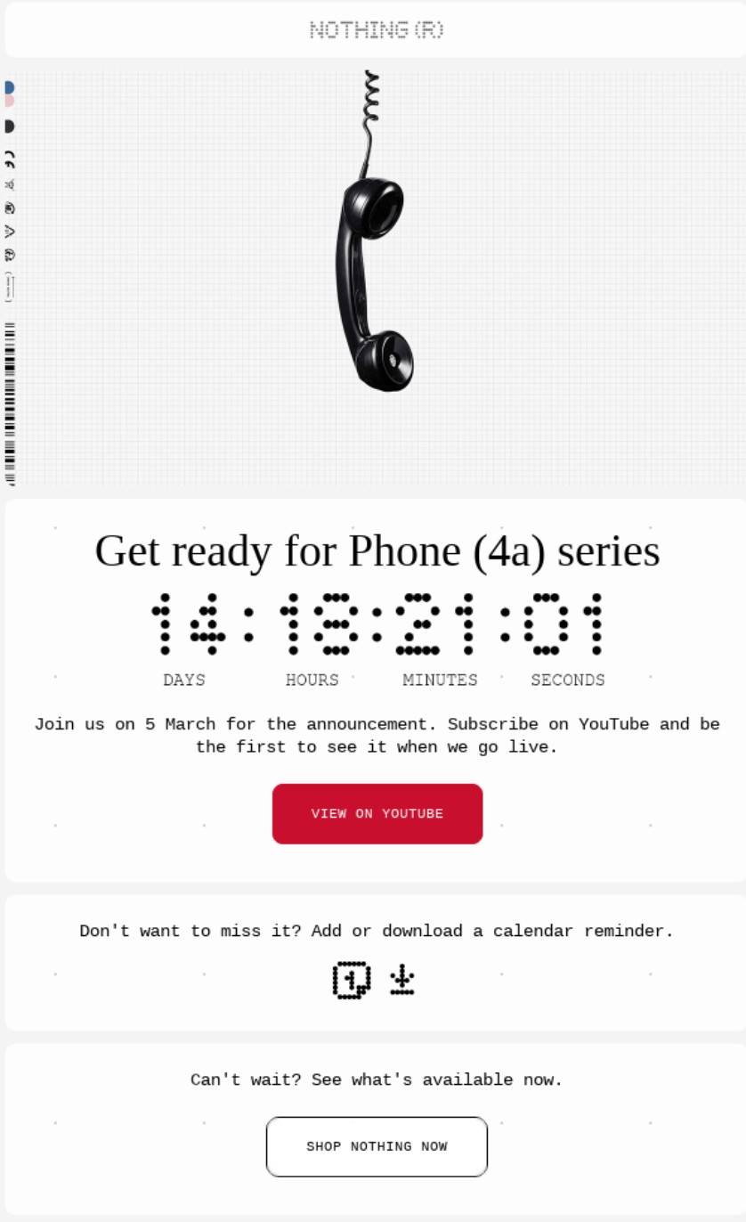 Email marketing campaign: A black corded phone handset hangs above a countdown timer and text announcing the launch of the Phone (4a) series on March 5. Buttons for viewing on YouTube, adding a reminder, and shopping are below.