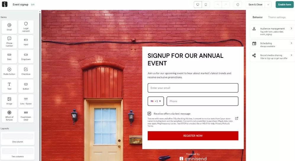 Omnisend vs Klaviyo: Screenshot of a signup form editor. The form titled SIGNUP FOR OUR ANNUAL EVENT appears over a background of a red brick wall with a wooden door and a light fixture. Editing tools and options are visible on the left and right panels.
