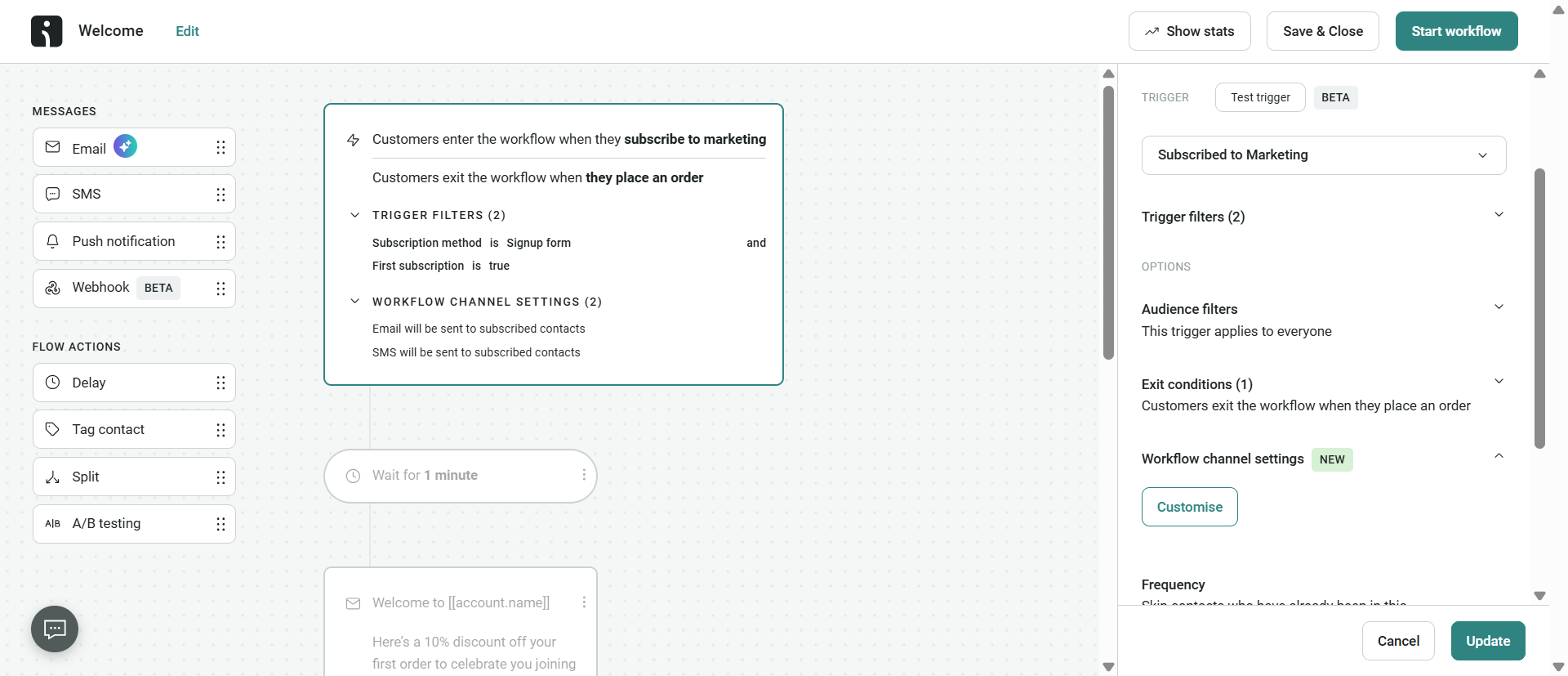 Email list: Screenshot of a workflow automation interface showing a triggered workflow for when customers subscribe to marketing or place an order. Email, SMS, and other message options are visible on the left sidebar.