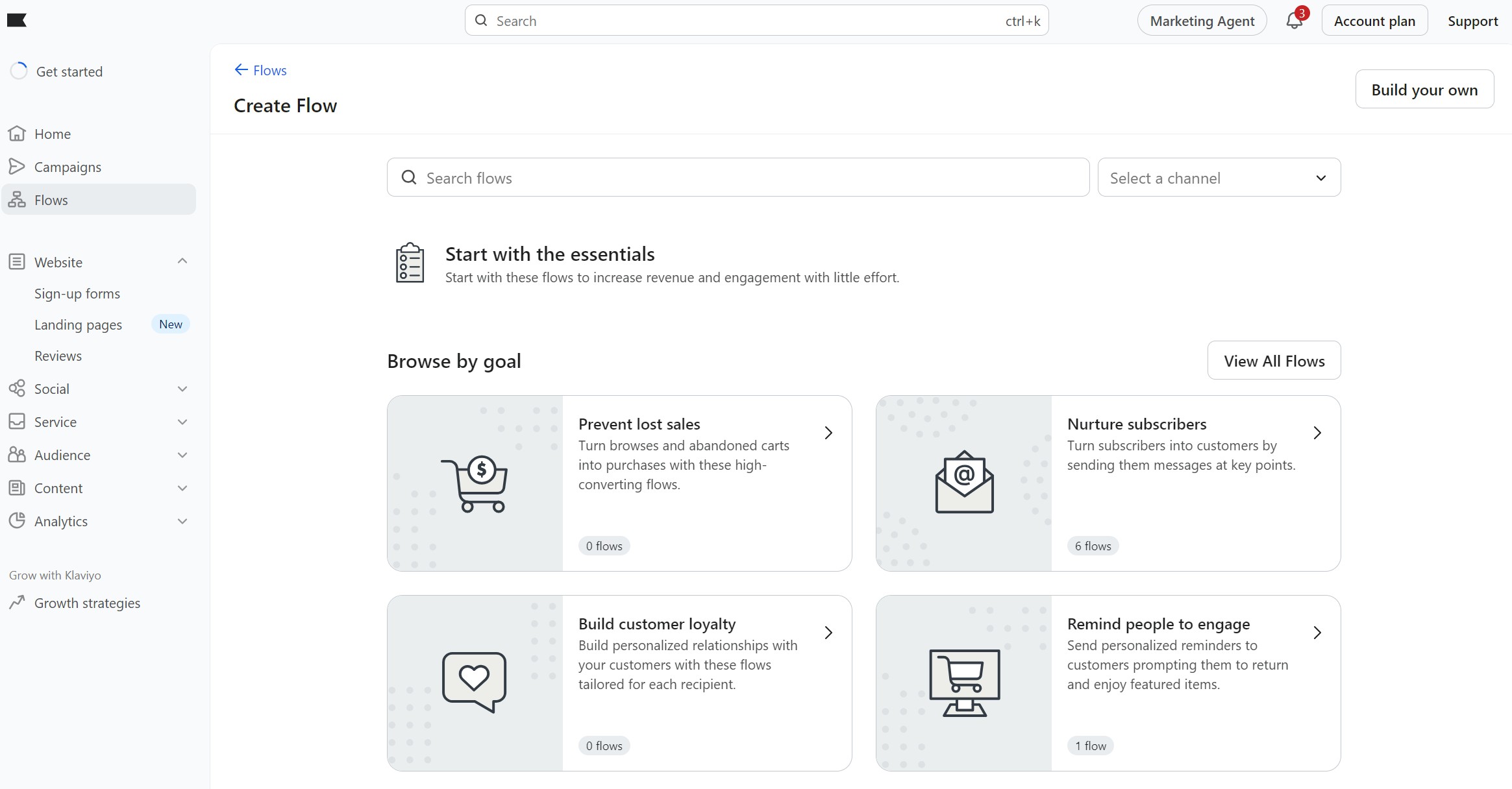 Omnisend vs Klaviyo: Screenshot of a web dashboard for creating automated flows, showing options to browse by goals like preventing lost sales, building customer loyalty, nurturing subscribers, and reminding people to engage. Menu is on the left.