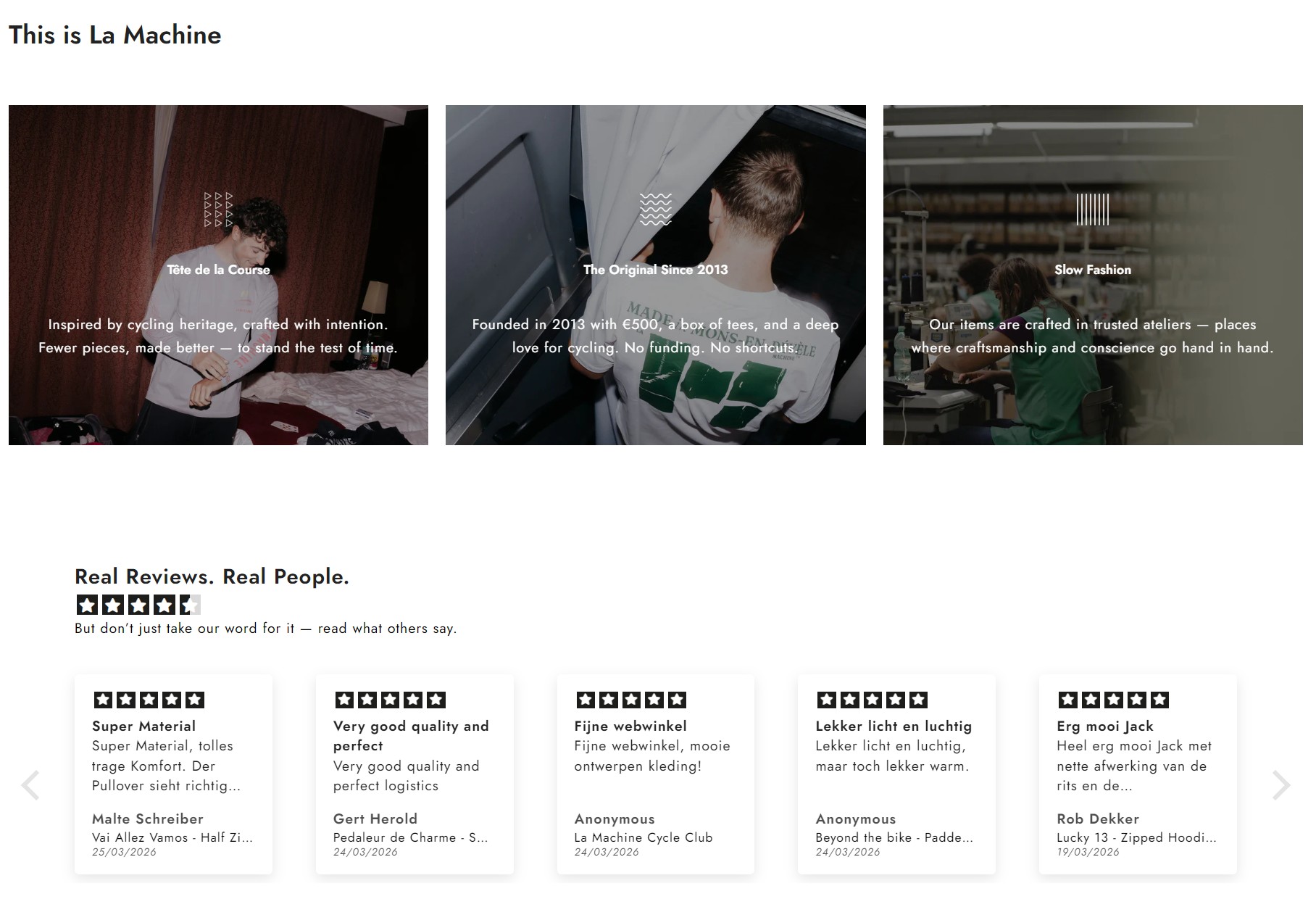 Best Shopify themes: A website section titled This is La Machine features three images with captions describing the brand’s inspirations, originality, and focus on slow fashion. Below are customer reviews with star ratings and brief comments about product quality.
