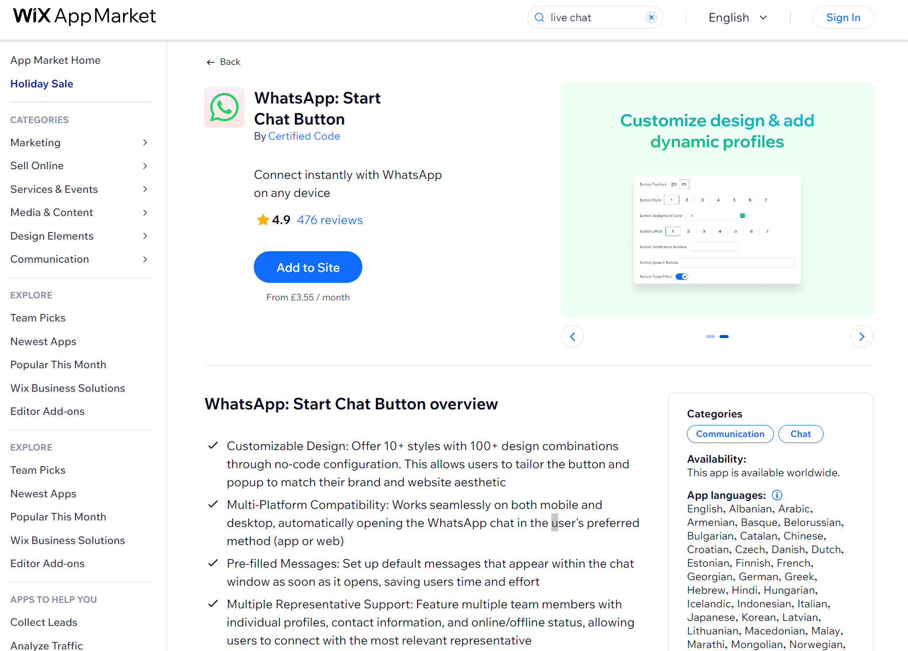 Wix apps: WhatsApp: Start Chat Button app page