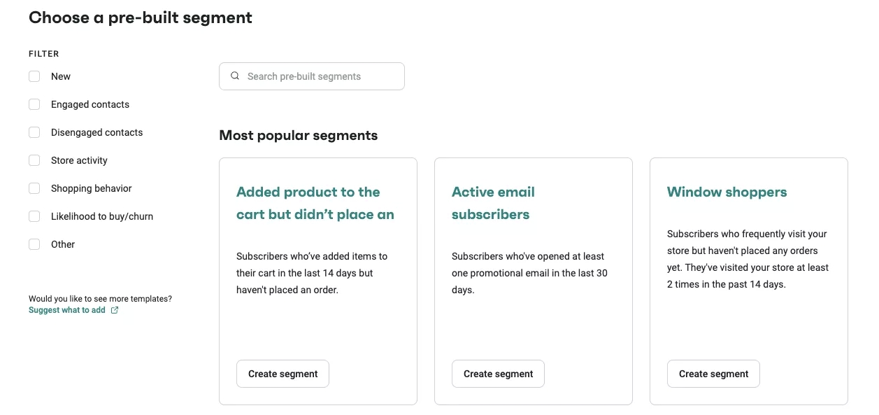 Omnisend vs. Shopify: A screen shows options for creating email segments, with filters on the left and three segment cards: Added product to the cart but didn’t place an order, Active email subscribers, and Window shoppers.