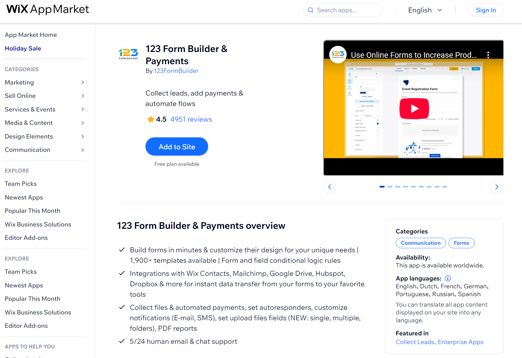 Wix apps: 123FormBuilder app page