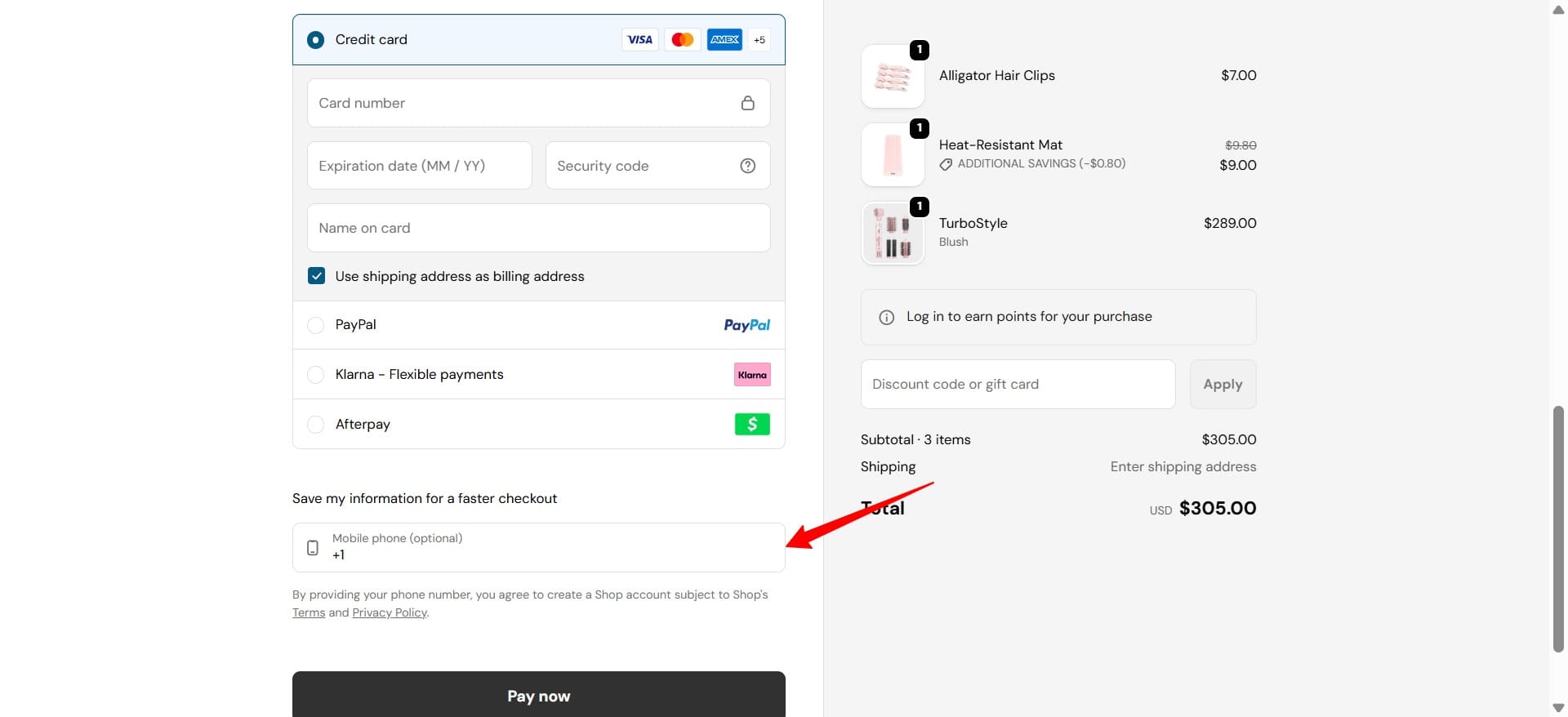 Shopify checkout: Checkout page with credit card and payment options on the left, order summary of three beauty items on the right, and a red arrow pointing to the mobile phone entry field labeled as optional.