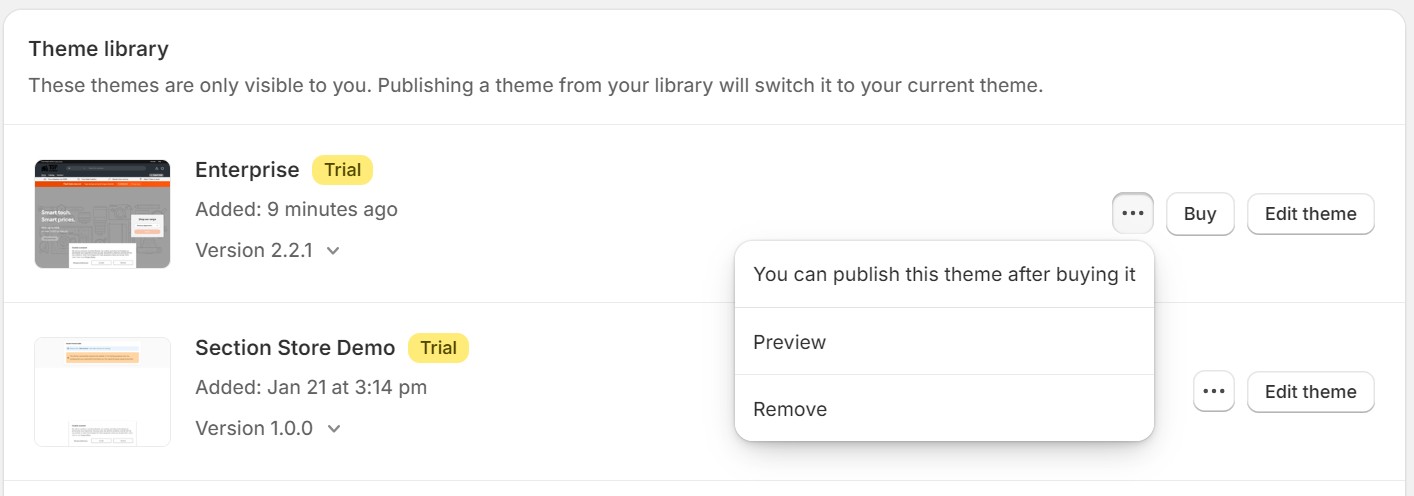 Best Shopify themes: Screenshot of a theme library with two themes listed: Enterprise (Trial, version 2.2.1, added 9 minutes ago) and Section Store Demo (version 1.0.0, added Jan 21). A dropdown menu shows options to preview, remove, or publish the theme.