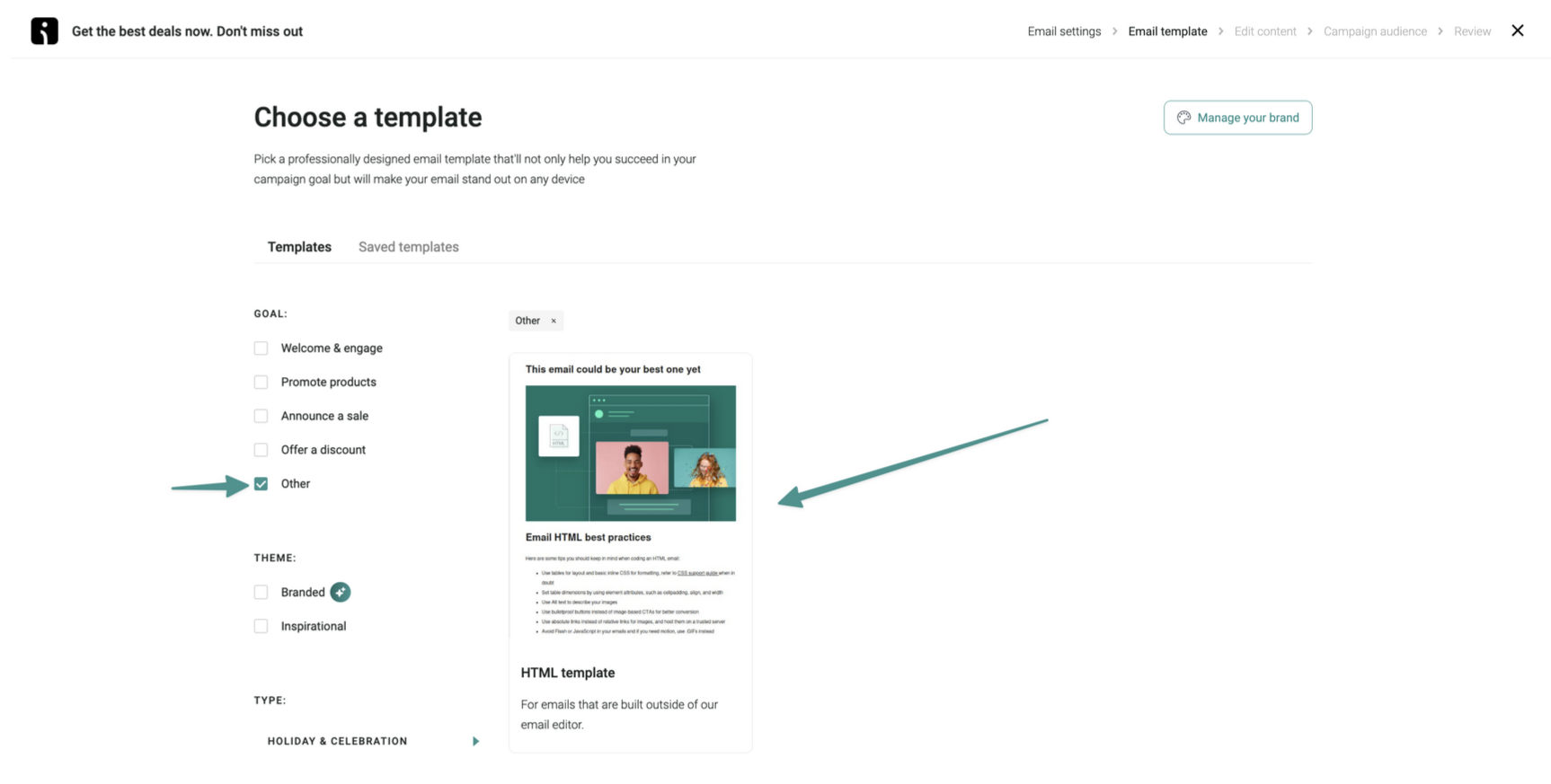 WooCommerce shipment tracking: A webpage displays an email marketing platforms template selection screen. The Other template category is selected, highlighting a preview of an email template with an arrow pointing to it.