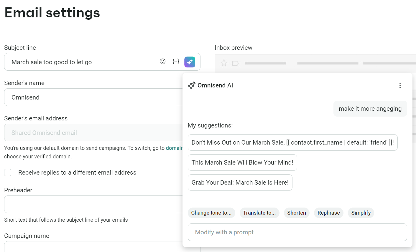 Email automation: A screenshot of an email settings page showing fields for subject line, sender’s name, email address, and preheader. A chatbot suggests subject lines for a March sale to make the email more engaging.